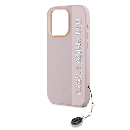 iPhone 16 Pro Kılıf Karl Lagerfeld Orjinal Lisanslı Anahtarlıklı Taşlı KL Yazılı Saffiano Rhinestones Kapak