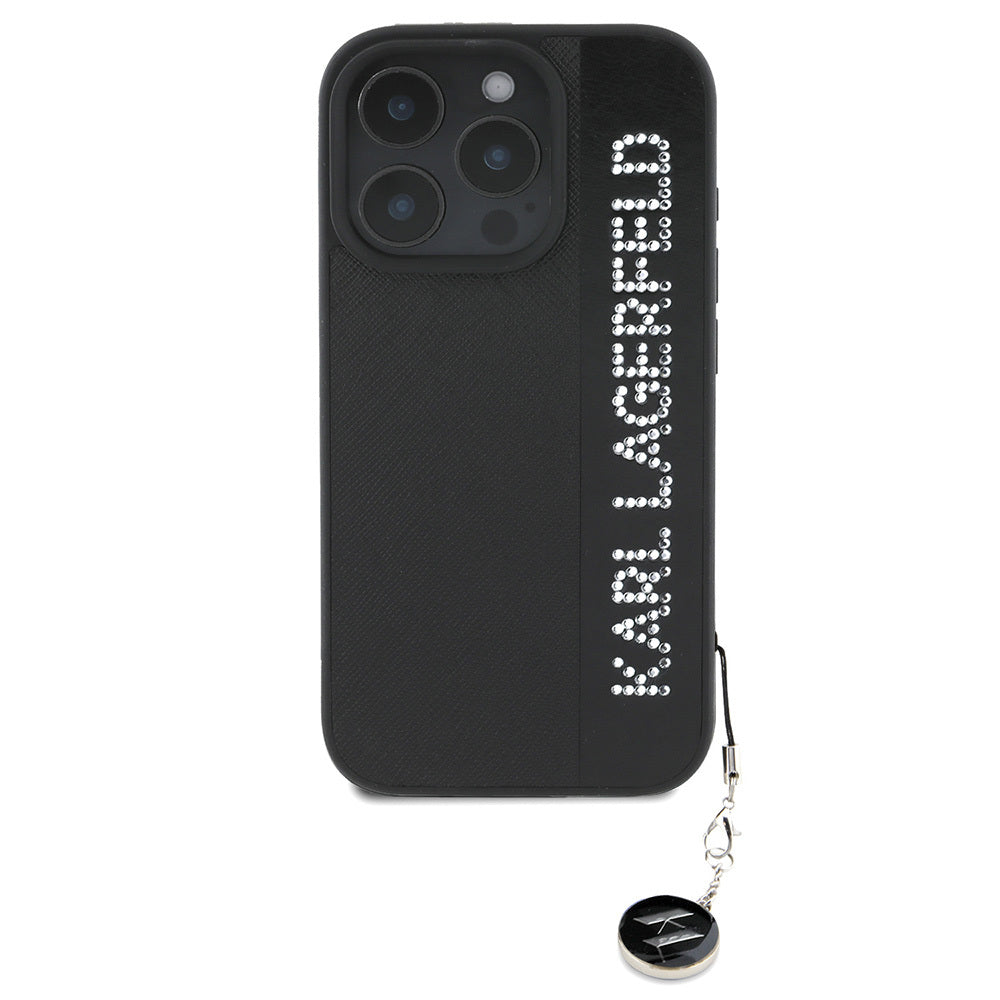 iPhone 16 Pro Kılıf Karl Lagerfeld Orjinal Lisanslı Anahtarlıklı Taşlı KL Yazılı Saffiano Rhinestones Kapak