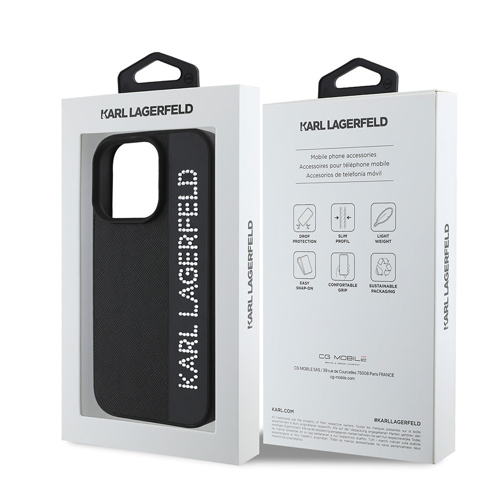 iPhone 16 Pro Kılıf Karl Lagerfeld Orjinal Lisanslı Anahtarlıklı Taşlı KL Yazılı Saffiano Rhinestones Kapak