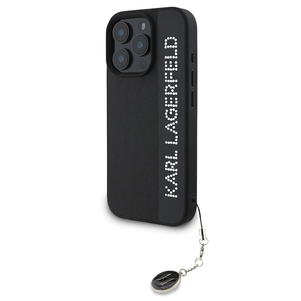 iPhone 16 Pro Kılıf Karl Lagerfeld Orjinal Lisanslı Anahtarlıklı Taşlı KL Yazılı Saffiano Rhinestones Kapak