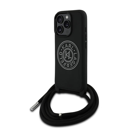 iPhone 16 Pro Kılıf Karl Lagerfeld Orjinal Lisanslı Askı İpli Taşlı KL Yazılı Crossbody Cord Kapak