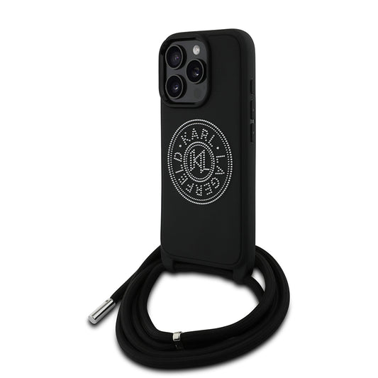 iPhone 16 Pro Kılıf Karl Lagerfeld Orjinal Lisanslı Askı İpli Taşlı KL Yazılı Crossbody Cord Kapak