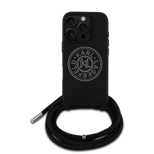 iPhone 16 Pro Kılıf Karl Lagerfeld Orjinal Lisanslı Askı İpli Taşlı KL Yazılı Crossbody Cord Kapak