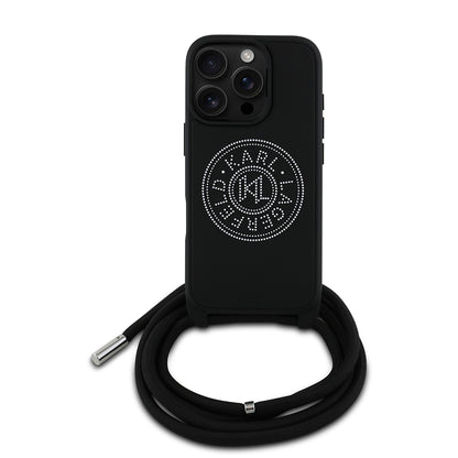iPhone 16 Pro Kılıf Karl Lagerfeld Orjinal Lisanslı Askı İpli Taşlı KL Yazılı Crossbody Cord Kapak