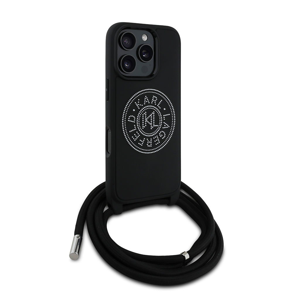 iPhone 16 Pro Kılıf Karl Lagerfeld Orjinal Lisanslı Askı İpli Taşlı KL Yazılı Crossbody Cord Kapak