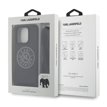 iPhone 16 Pro Kılıf Karl Lagerfeld Orjinal Lisanslı Askı İpli Taşlı KL Yazılı Crossbody Cord Kapak