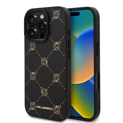 iPhone 16 Pro Kılıf Karl Lagerfeld Orjinal Lisanslı M-safe Şarj Özellikli PU Deri Karl Heads Desenli Klasik Logolu Kapak
