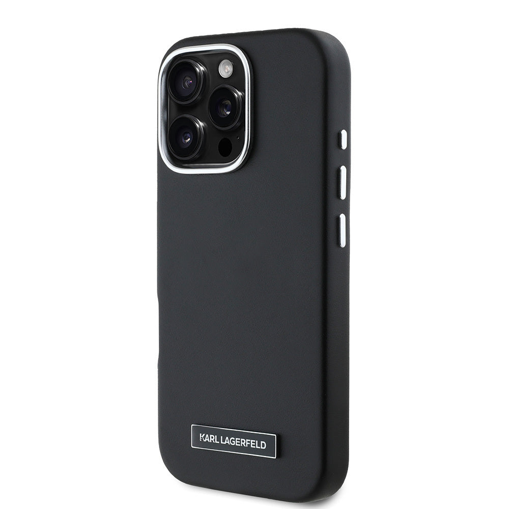 iPhone 16 Pro Kılıf Karl Lagerfeld Orjinal Lisanslı M-safe Şarj Özellikli Metal Kamera ve Buton Tasarımlı Plaka Logolu PU Deri Kapak