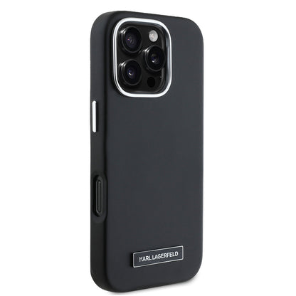 iPhone 16 Pro Kılıf Karl Lagerfeld Orjinal Lisanslı M-safe Şarj Özellikli Metal Kamera ve Buton Tasarımlı Plaka Logolu PU Deri Kapak
