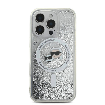 iPhone 16 Pro Kılıf Karl Lagerfeld Orjinal Lisanslı M-safe Şarj Özellikli Sıvılı Simli KC Heads Kapak