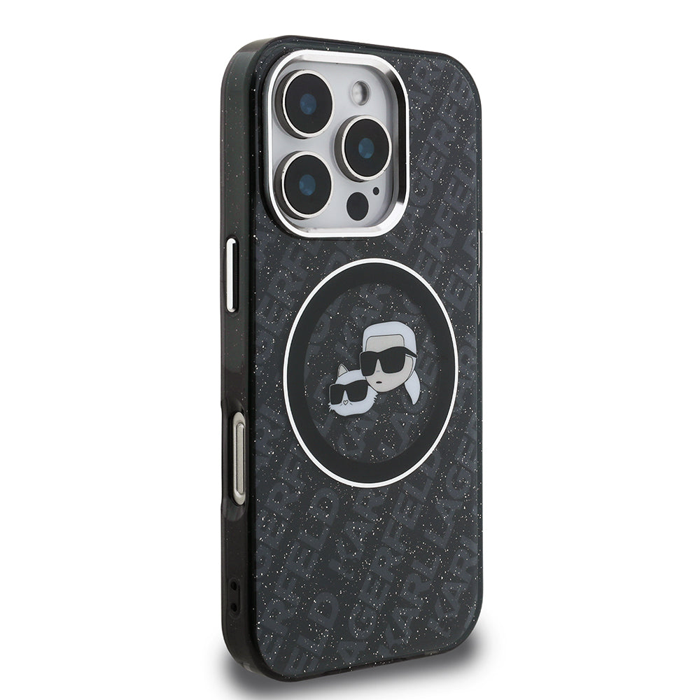 iPhone 16 Pro Kılıf Karl Lagerfeld Orjinal Lisanslı Parlayan Simli Karl & Choupette Heads Kapak