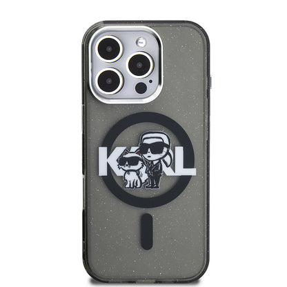 iPhone 16 Pro Kılıf Karl Lagerfeld Orjinal Lisanslı Parlayan Simli Karl & Choupette Sketch Logo Kapak