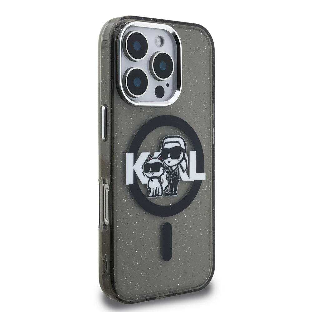 iPhone 16 Pro Kılıf Karl Lagerfeld Orjinal Lisanslı Parlayan Simli Karl & Choupette Sketch Logo Kapak
