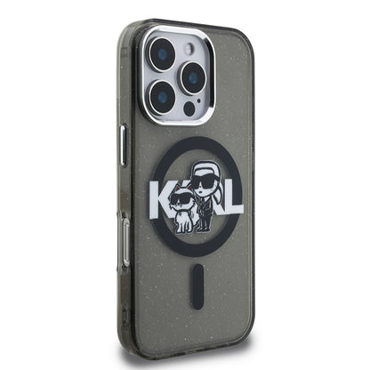 iPhone 16 Pro Kılıf Karl Lagerfeld Orjinal Lisanslı Parlayan Simli Karl & Choupette Sketch Logo Kapak