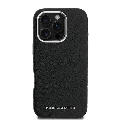 iPhone 16 Pro Kılıf Karl Lagerfeld Orjinal Lisanslı PU Deri Damgalı Metal Yazı Logolu Kapak