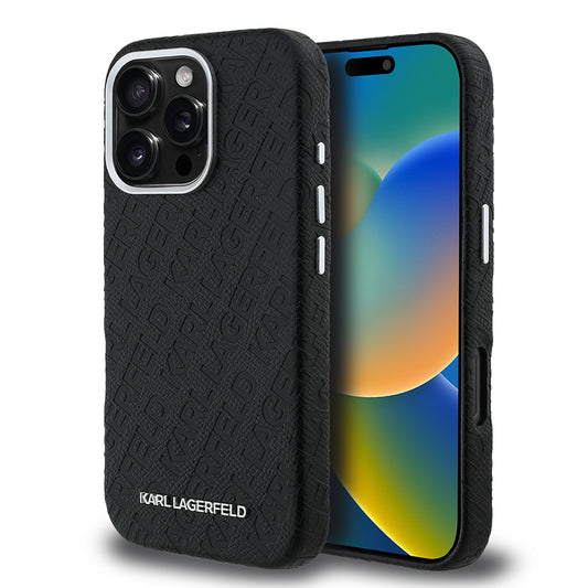 Apple iPhone 16 Pro Kılıf Karl Lagerfeld Orjinal Lisanslı PU Deri Damgalı Metal Yazı Logolu Kapak