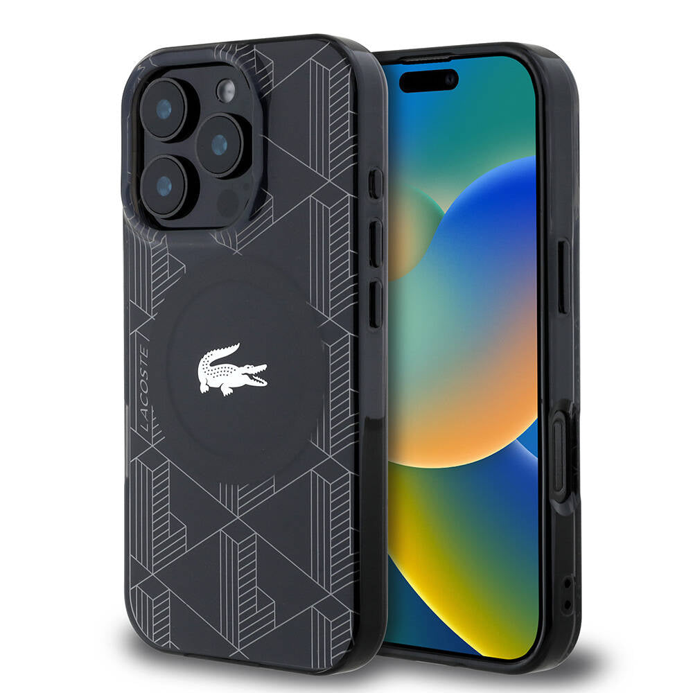 iPhone 16 Pro Kılıf Lacoste Orjinal Lisanslı M-safe Şarj Özellikli IML Baskılı Gümüş Timsah Logolu Monogram Kapak