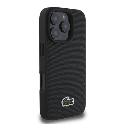iPhone 16 Pro Kılıf Lacoste Orjinal Lisanslı PU Pike Desenli Arka Yüzey İkonik Timsah Dokuma Logolu Kapak + Type-C Kablo 1.5m