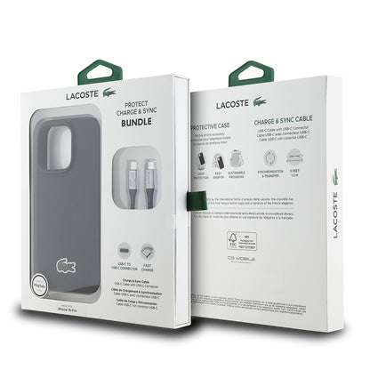 iPhone 16 Pro Kılıf Lacoste Orjinal Lisanslı PU Pike Desenli Arka Yüzey İkonik Timsah Dokuma Logolu Kapak + Type-C Kablo 1.5m