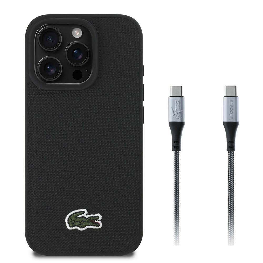 iPhone 16 Pro Kılıf Lacoste Orjinal Lisanslı PU Pike Desenli Arka Yüzey İkonik Timsah Dokuma Logolu Kapak + Type-C Kablo 1.5m