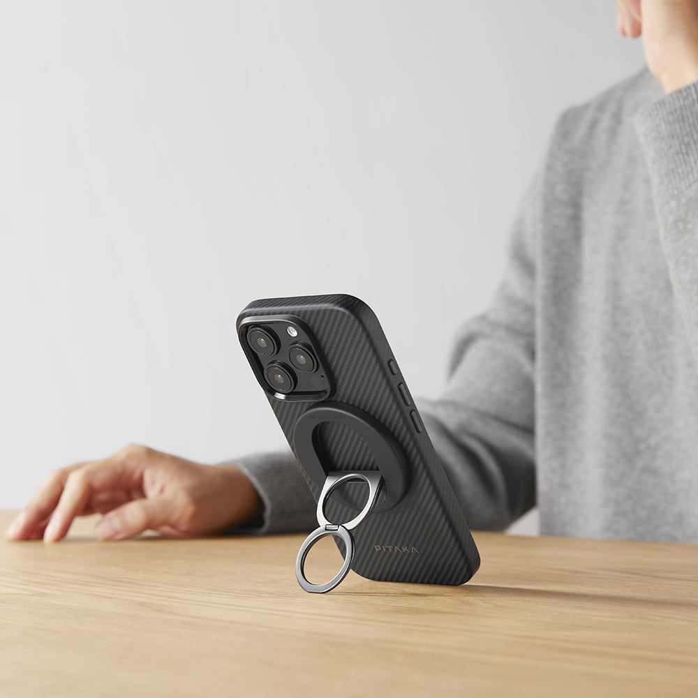 Apple iPhone 16 Pro Kılıf M-safe Şarj Özellikli Aramid Fiber Pitaka Military-Grade Classic Serisi New Logo Black-Grey Twill Kapak