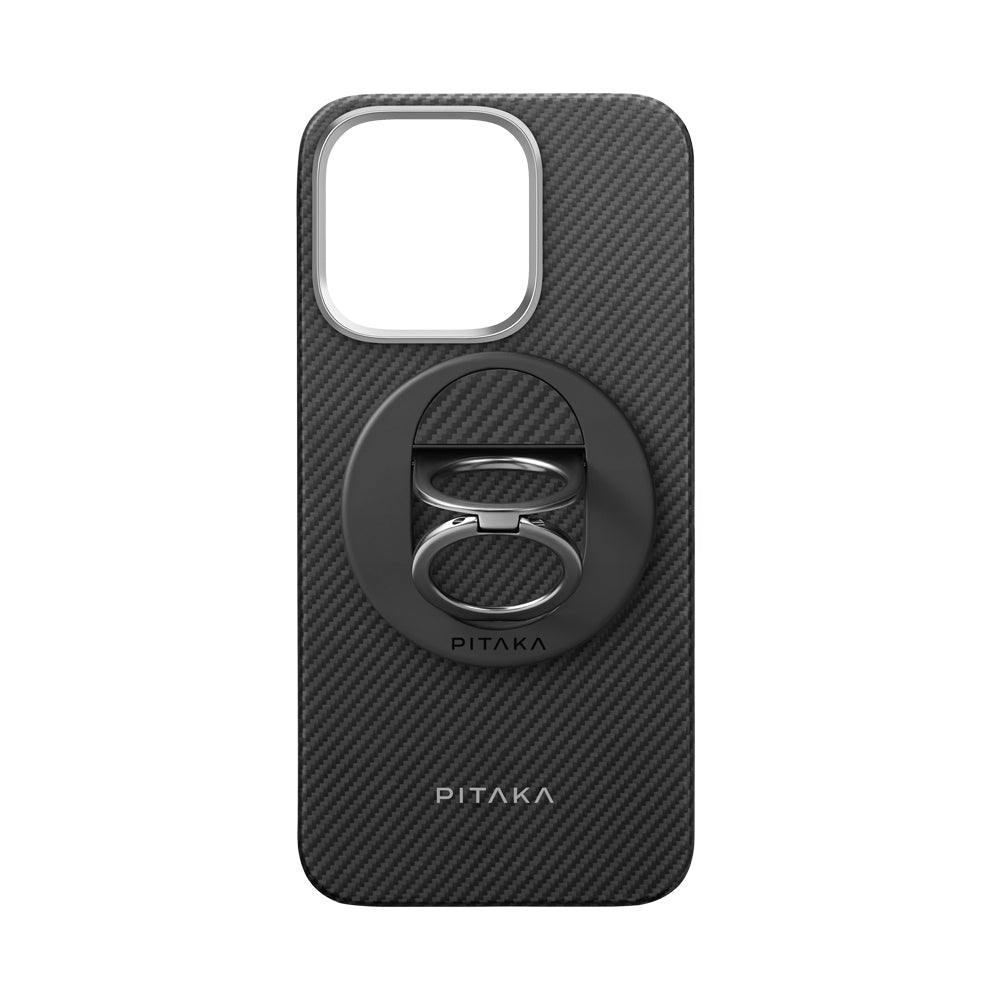 iPhone 16 Pro Kılıf M-safe Şarj Özellikli Grip 3 Standlı 600D Aramid Fiber Pitaka Ultra-Slim Classic Serisi Black-Grey Twill Kapak