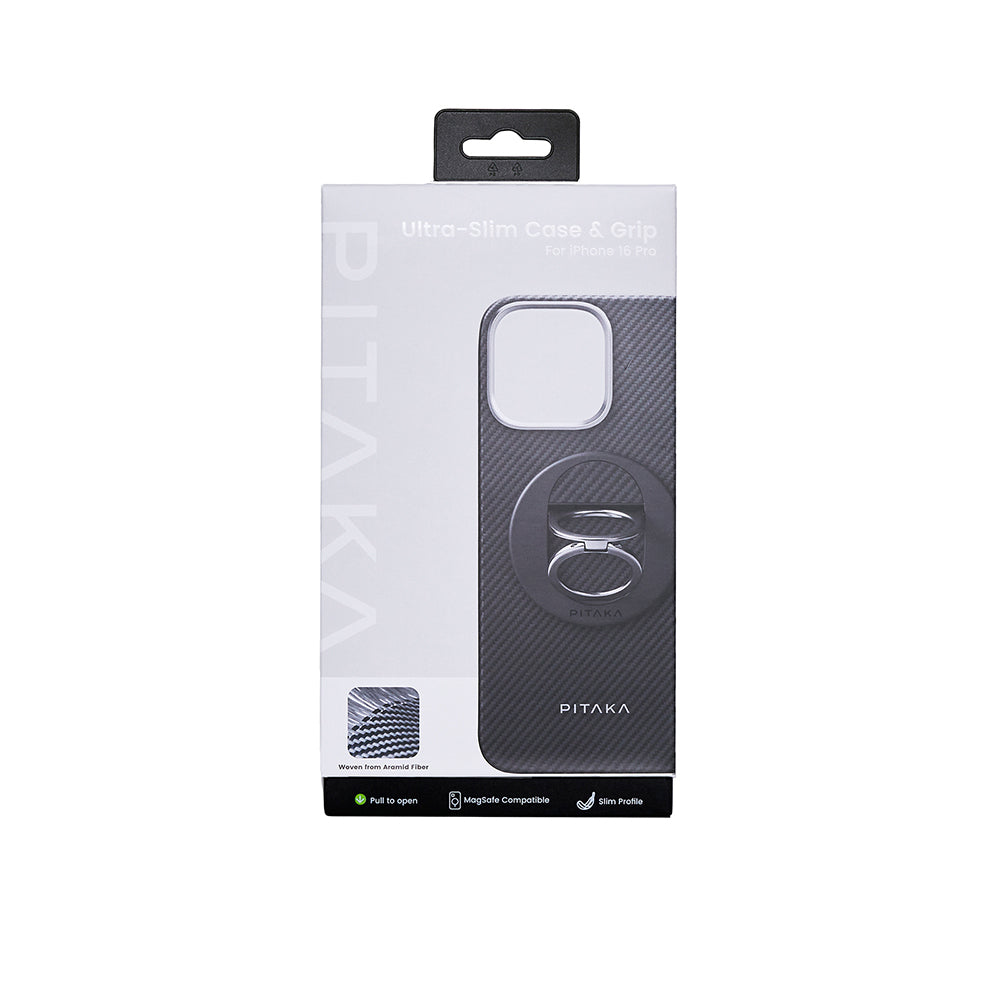 iPhone 16 Pro Kılıf M-safe Şarj Özellikli Grip 3 Standlı 600D Aramid Fiber Pitaka Ultra-Slim Classic Serisi Black-Grey Twill Kapak