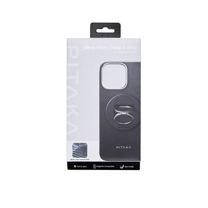 iPhone 16 Pro Kılıf M-safe Şarj Özellikli Grip 3 Standlı 600D Aramid Fiber Pitaka Ultra-Slim Classic Serisi Black-Grey Twill Kapak