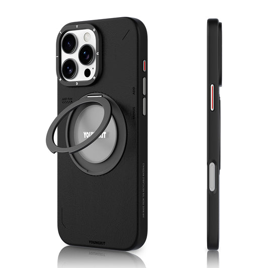 iPhone 16 Pro Kılıf M-safe Şarj Özellikli 360° Standlı Basit Mat Deri Desenli Youngkit Tech Leather Serisi Kapak