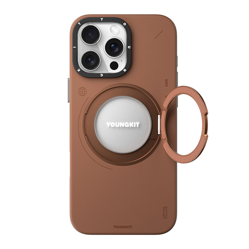 iPhone 16 Pro Kılıf M-safe Şarj Özellikli 360° Standlı Basit Mat Deri Desenli Youngkit Tech Leather Serisi Kapak