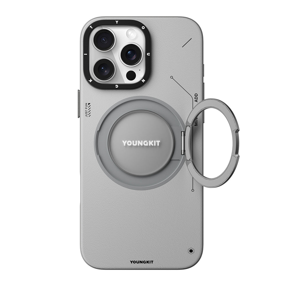 iPhone 16 Pro Kılıf M-safe Şarj Özellikli 360° Standlı Basit Mat Deri Desenli Youngkit Tech Leather Serisi Kapak