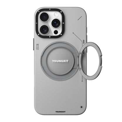 iPhone 16 Pro Kılıf M-safe Şarj Özellikli 360° Standlı Basit Mat Deri Desenli Youngkit Tech Leather Serisi Kapak