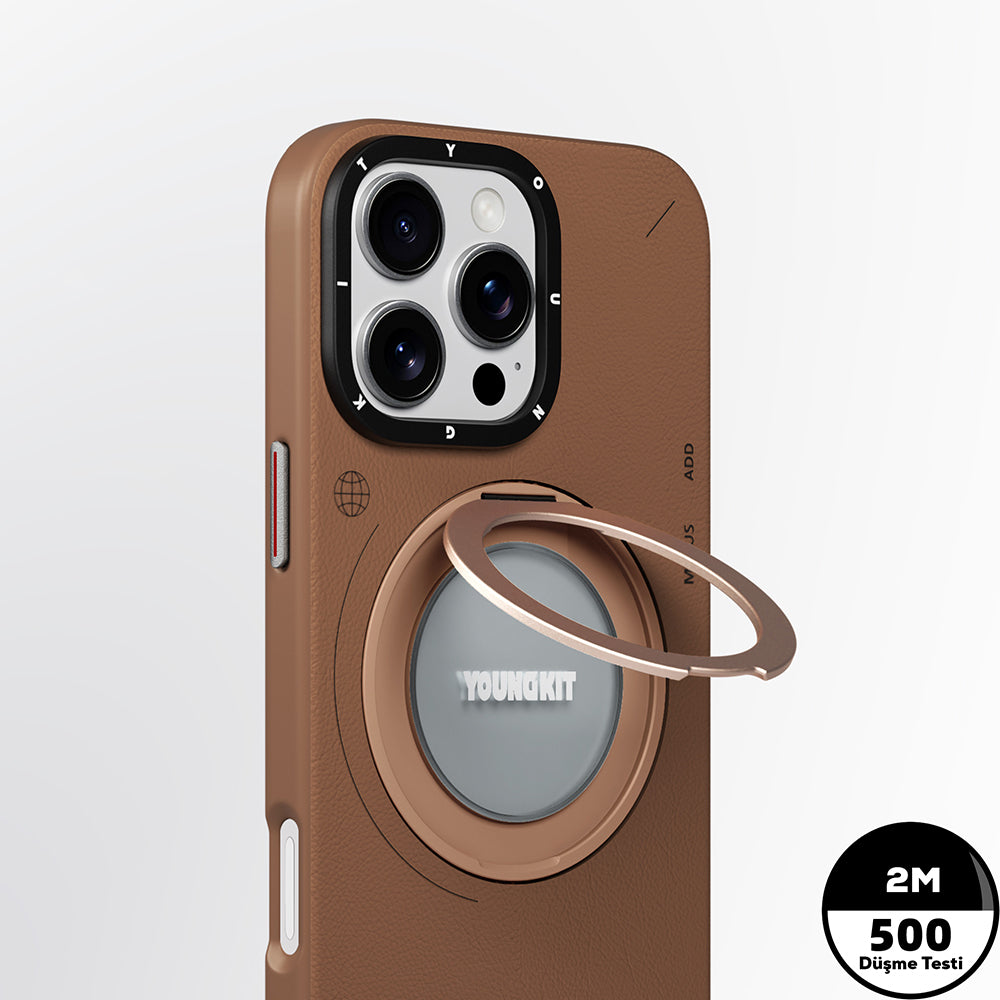 iPhone 16 Pro Kılıf M-safe Şarj Özellikli 360° Standlı Basit Mat Deri Desenli Youngkit Tech Leather Serisi Kapak