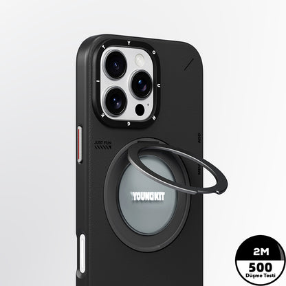 iPhone 16 Pro Kılıf M-safe Şarj Özellikli 360° Standlı Basit Mat Deri Desenli Youngkit Tech Leather Serisi Kapak