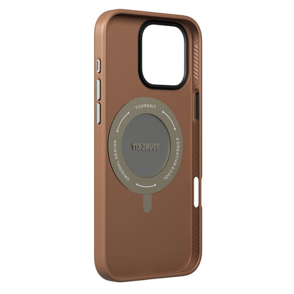 iPhone 16 Pro Kılıf M-safe Şarj Özellikli 360° Standlı Basit Mat Deri Desenli Youngkit Tech Leather Serisi Kapak