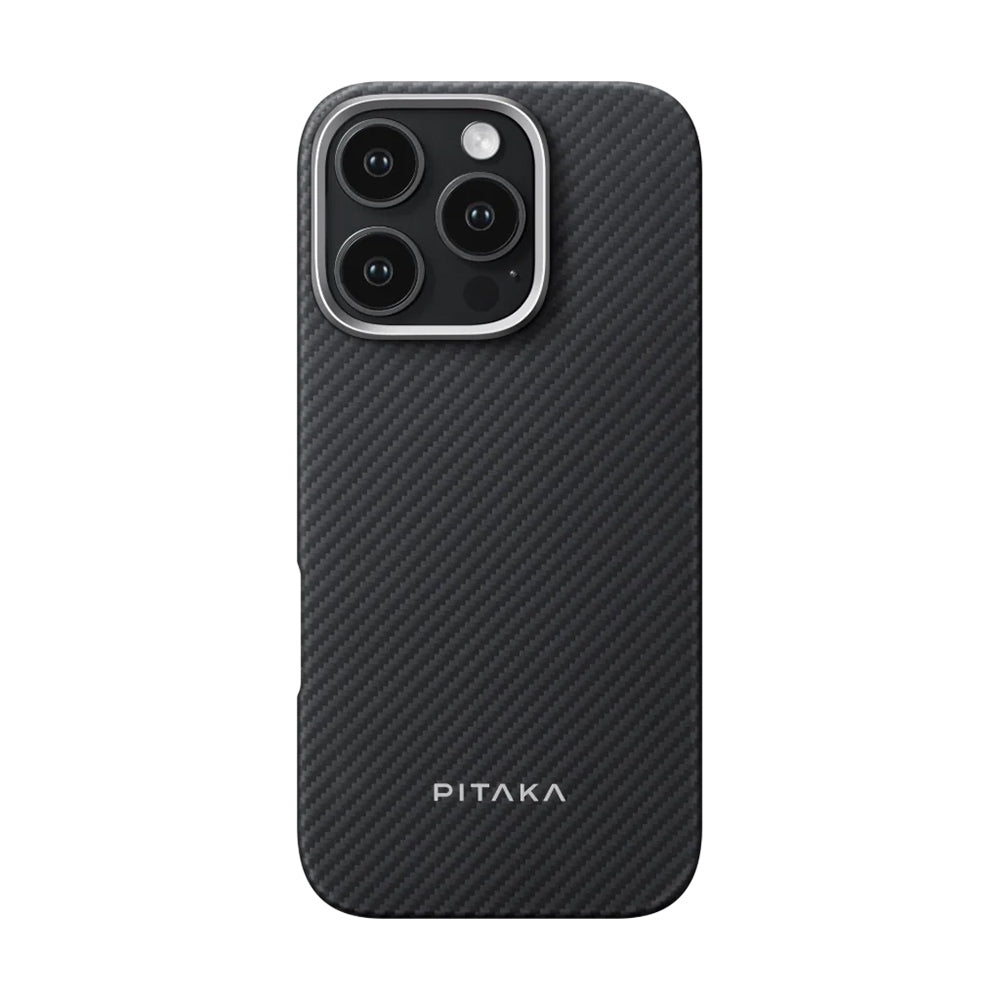 iPhone 16 Pro Kılıf M-safe Şarj Özellikli 600D Aramid Fiber Pitaka Ultra-Slim Classic Serisi Black-Grey Twill Kapak