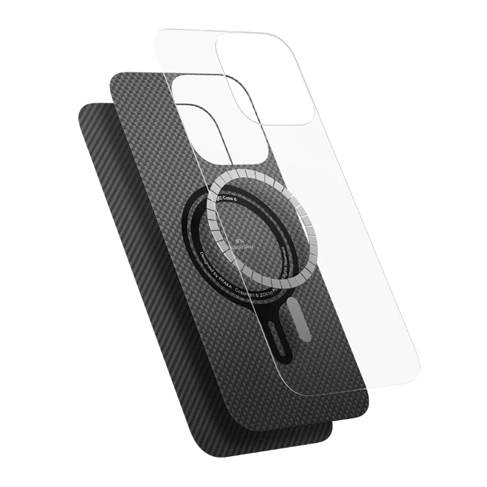 iPhone 16 Pro Kılıf M-safe Şarj Özellikli 600D Aramid Fiber Pitaka Ultra-Slim Classic Serisi Black-Grey Twill Kapak