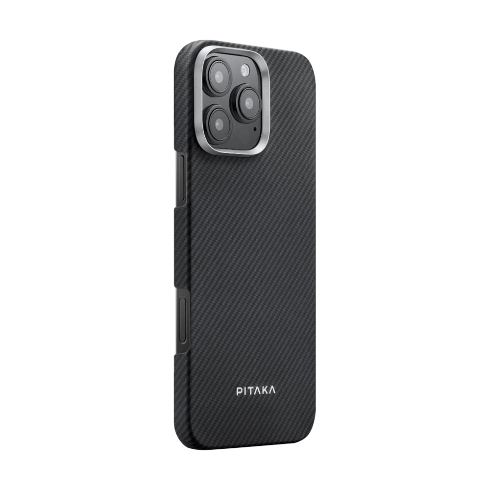 iPhone 16 Pro Kılıf M-safe Şarj Özellikli 600D Aramid Fiber Pitaka Ultra-Slim Classic Serisi Black-Grey Twill Kapak