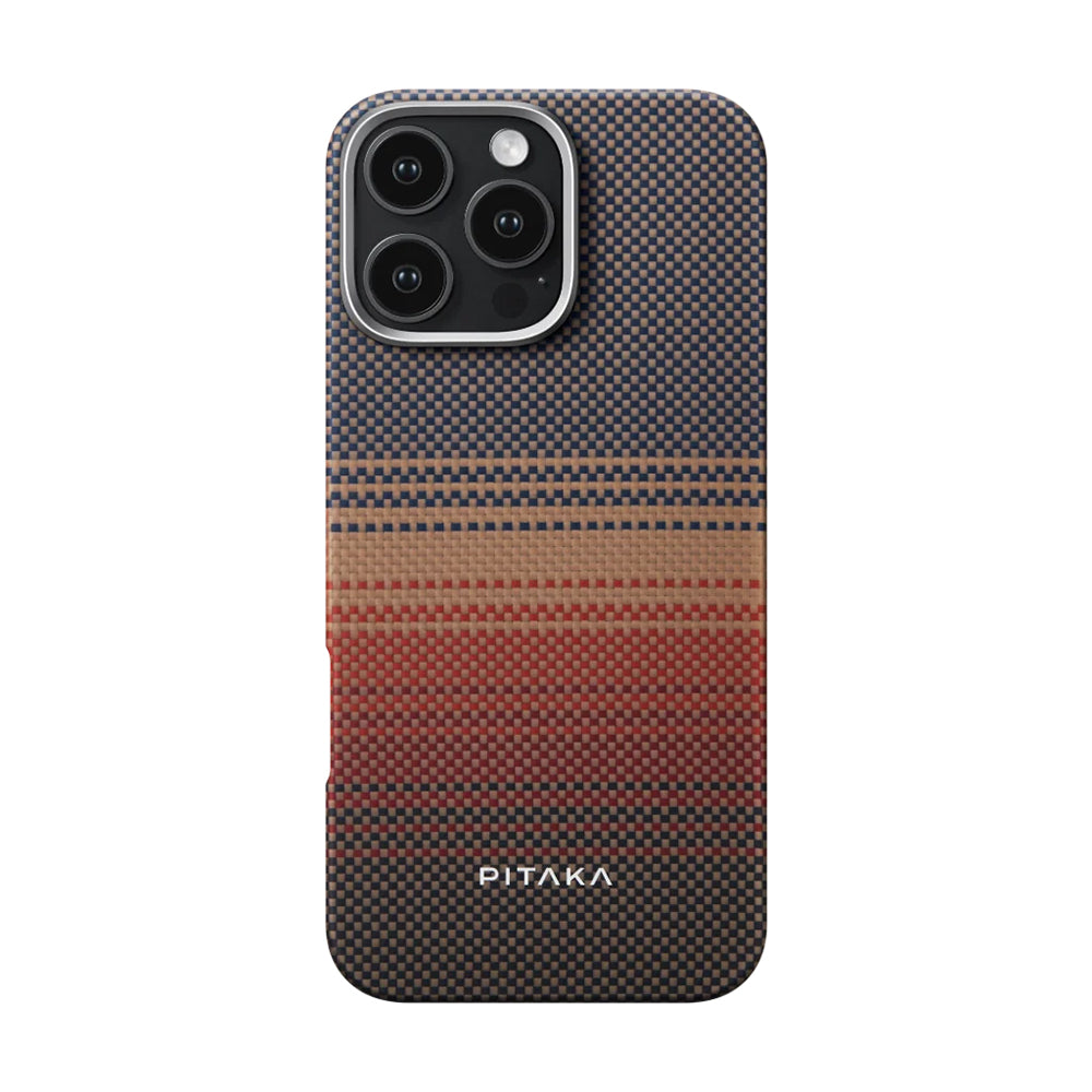 iPhone 16 Pro Kılıf M-safe Şarj Özellikli Aramid Fiber Pitaka Tactile Woven Sunset-Moonrise Serisi Sunset Kapak