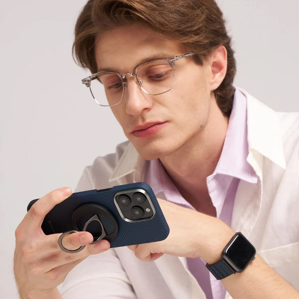 iPhone 16 Pro Kılıf M-safe Şarj Özellikli Grip 3 Standlı Aramid Fiber Pitaka Tactile Woven Sunset-Moonrise Serisi Moonrise Kapak