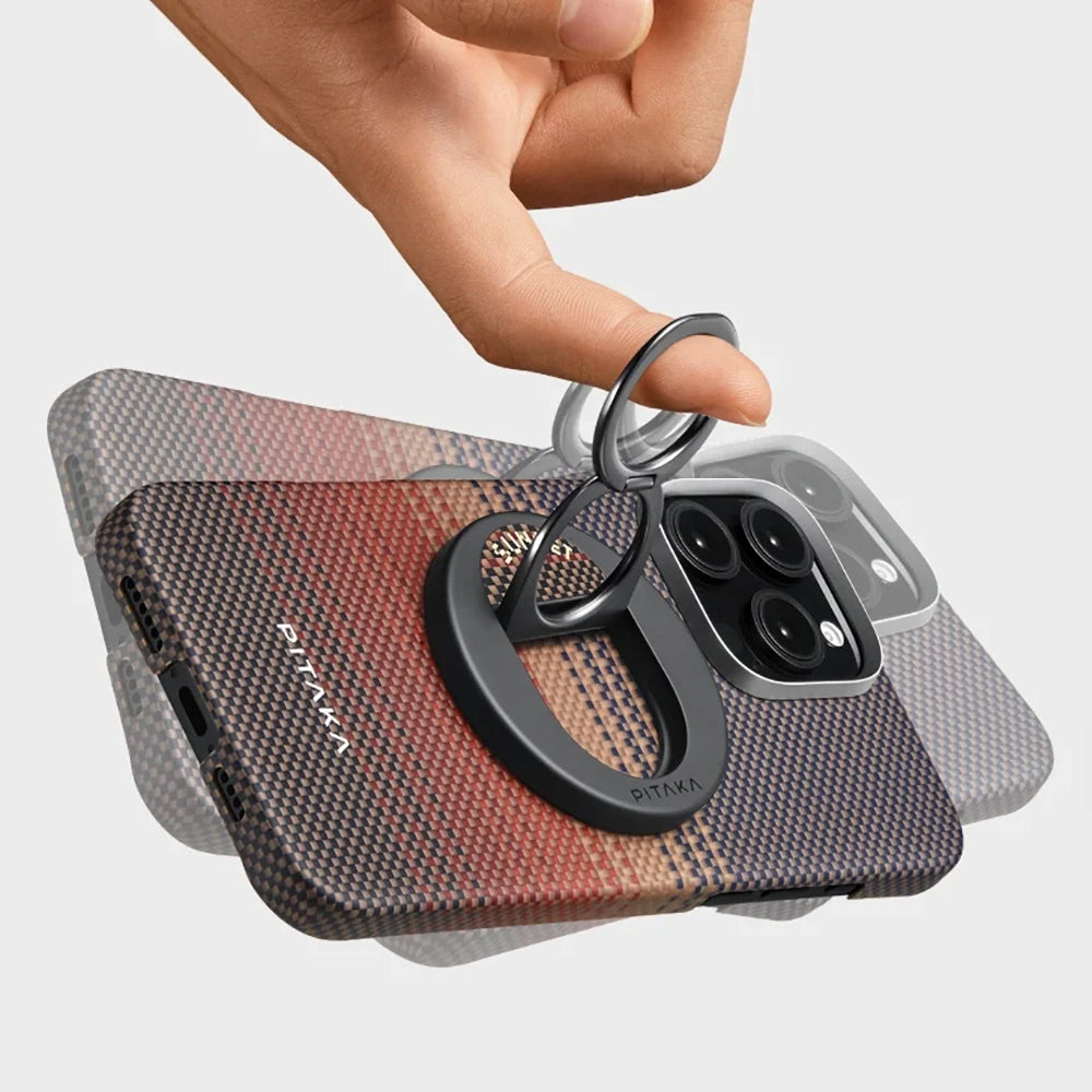 iPhone 16 Pro Kılıf M-safe Şarj Özellikli Grip 3 Standlı Aramid Fiber Pitaka Tactile Woven Sunset-Moonrise Serisi Sunset Kapak