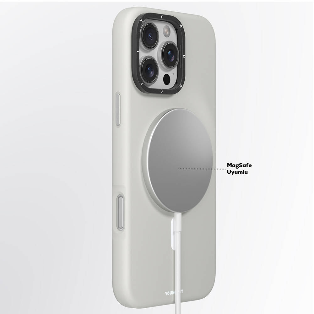 iPhone 16 Pro Kılıf M-safe Şarj Özellikli Kamera Standlı Youngkit Bitty Cream Kapak