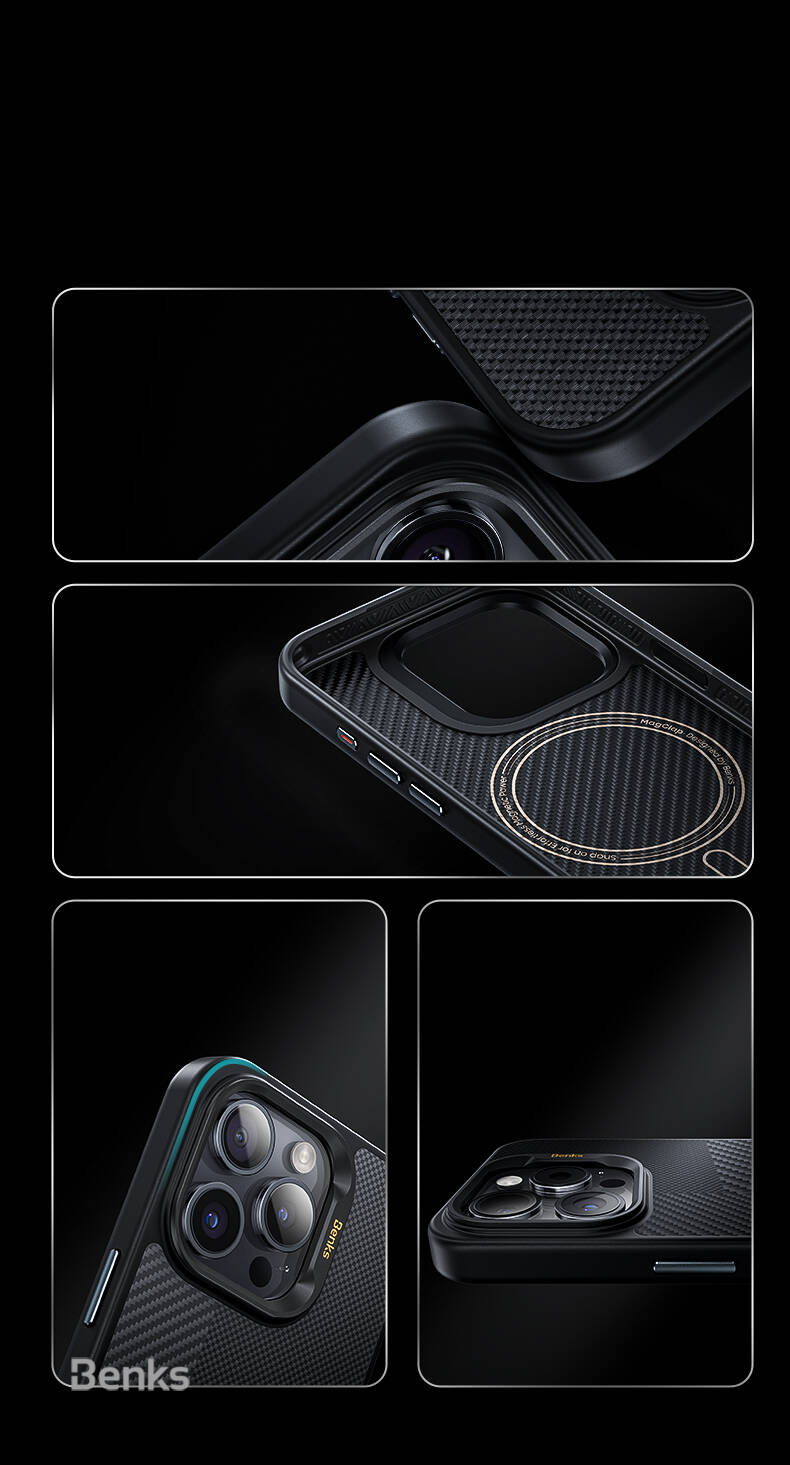iPhone 16 Pro Kılıf M-safe Şarj Özellikli Karbon Fiber Benks Montage Hybrid ArmorPro Kevlar Kapak