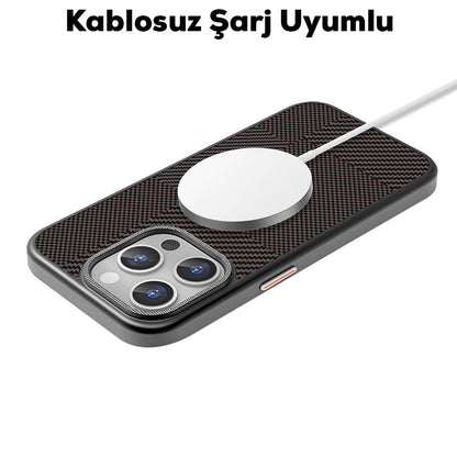 iPhone 16 Pro Kılıf M-safe Şarj Özellikli Karbon Fiber Desenli Mutural Montage Kapak