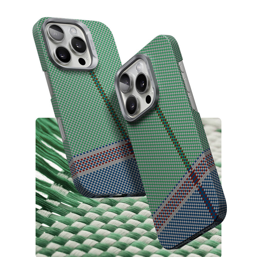 iPhone 16 Pro Kılıf M-safe Şarj Özellikli Karbon Fiber Tasarımlı Benks Passion Green ArmorAir Kevlar Kapak