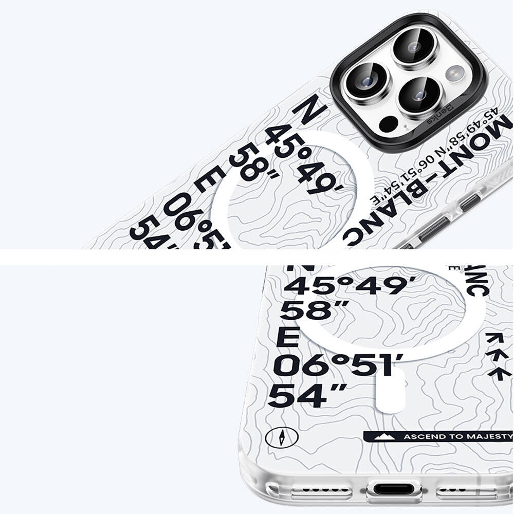 iPhone 16 Pro Kılıf M-safe Şarj Özellikli Koordinat Yazı Desenli Benks Summit Serisi Kapak
