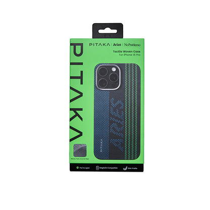 iPhone 16 Pro Kılıf M-safe Şarj Özellikli Lumintex Teknolojili Fosforlu Aramid Fiber Pitaka Tactile Woven Aries Serisi Credit Card Kapak