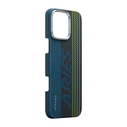 iPhone 16 Pro Kılıf M-safe Şarj Özellikli Lumintex Teknolojili Fosforlu Aramid Fiber Pitaka Tactile Woven Aries Serisi Credit Card Kapak