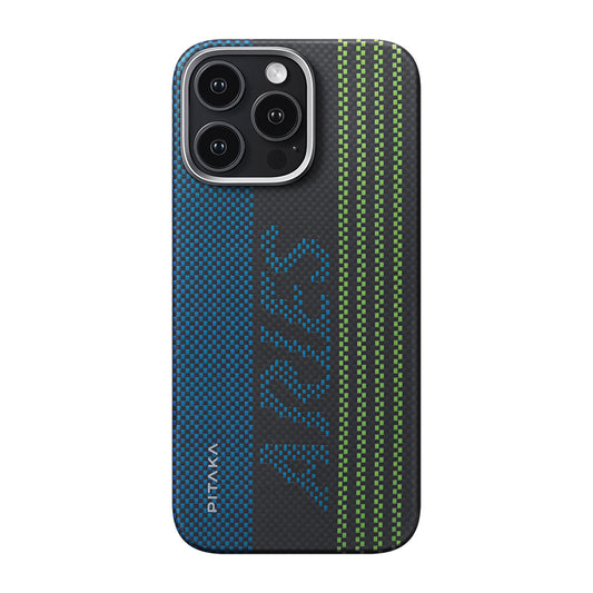 iPhone 16 Pro Kılıf M-safe Şarj Özellikli Lumintex Teknolojili Fosforlu Aramid Fiber Pitaka Tactile Woven Aries Serisi Credit Card Kapak