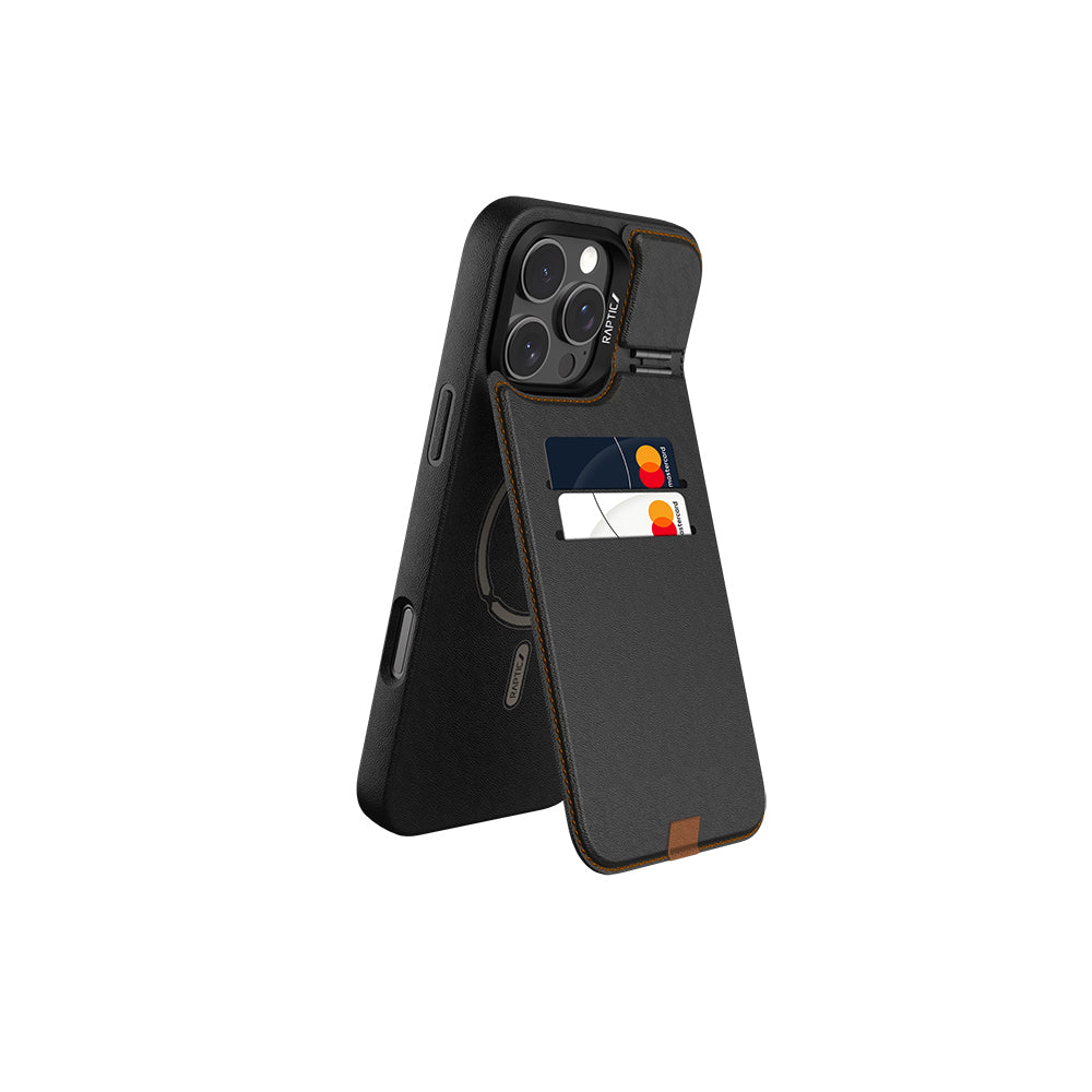 iPhone 16 Pro Kılıf M-safe Şarj Özellikli Raptic Slim Wallet Serisi Deri Görünümlü Kartlıklı Standlı Kapak